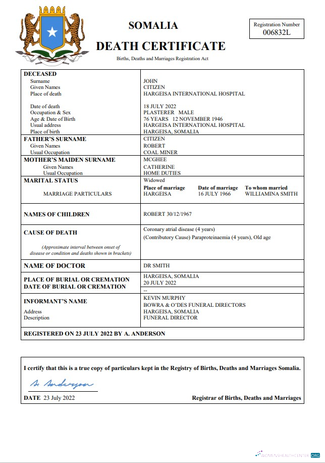 Download Somalia vital record death certificate Word and PDF template Photoshop template